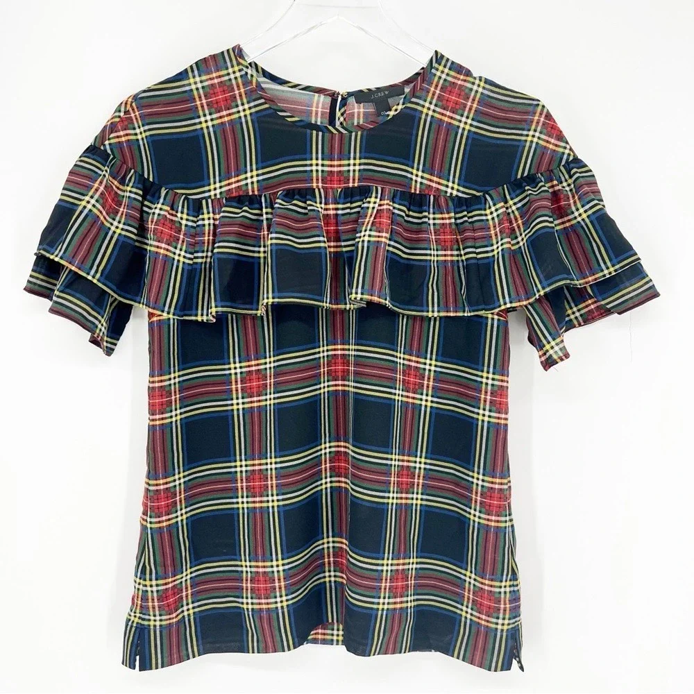 J. Crew Edie Tartan Plaid Ruffle Preppy Blouse 00